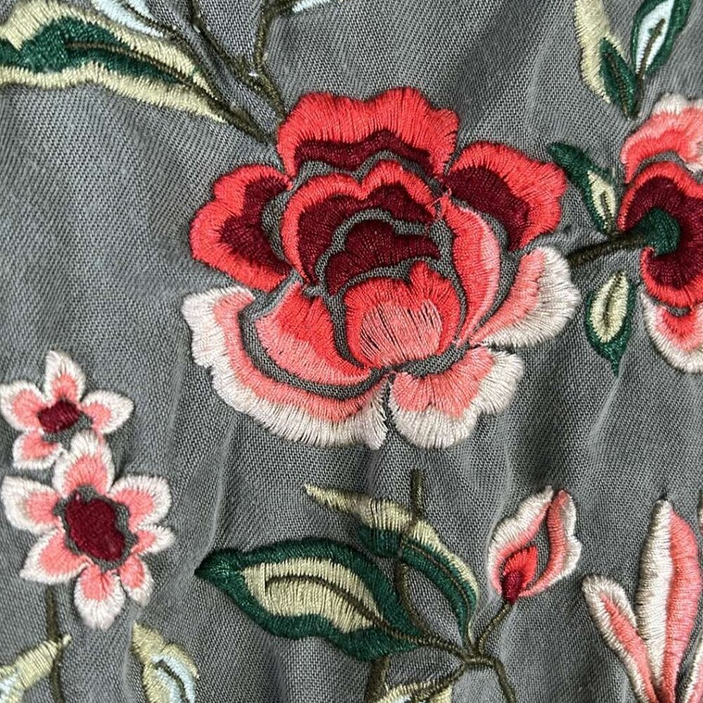 American Eagle Outfitters Military Boyfriend Shirt W/Floral Embroidery Festival